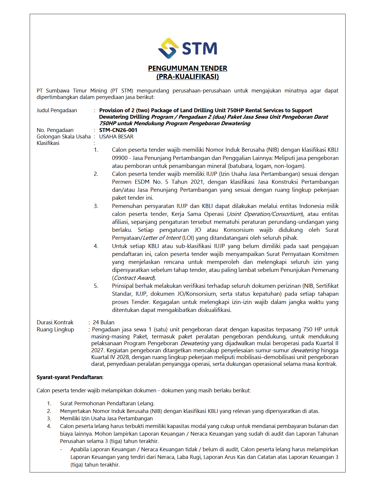 Tender Announcement - Package of Land Drilling Unit 750HP Rental Services to Support Dewatering Drilling Program