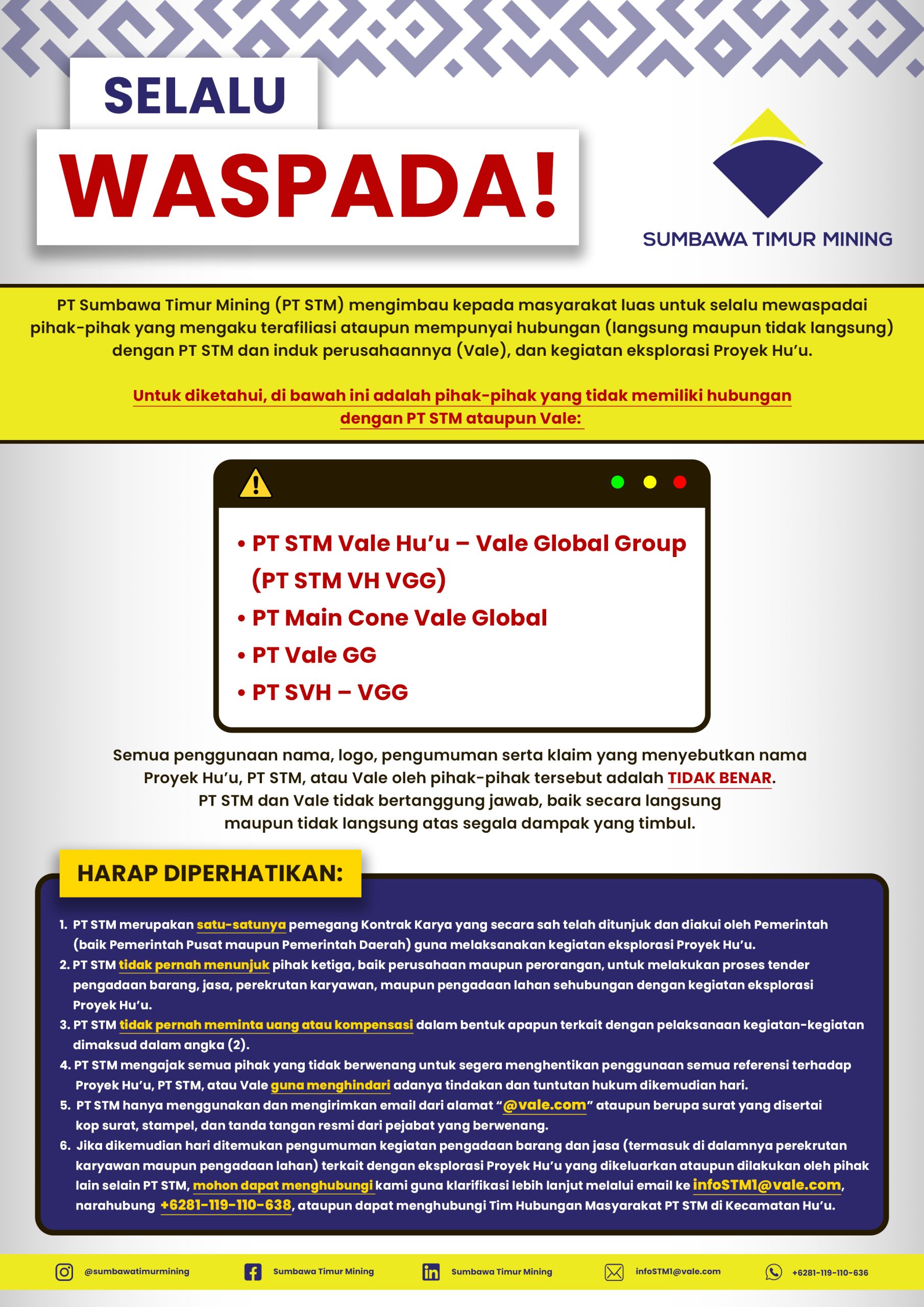 Fraud Attempts on behalf of Hu’u Project, Vale and PT Sumbawa Timur Mining are Rising Again