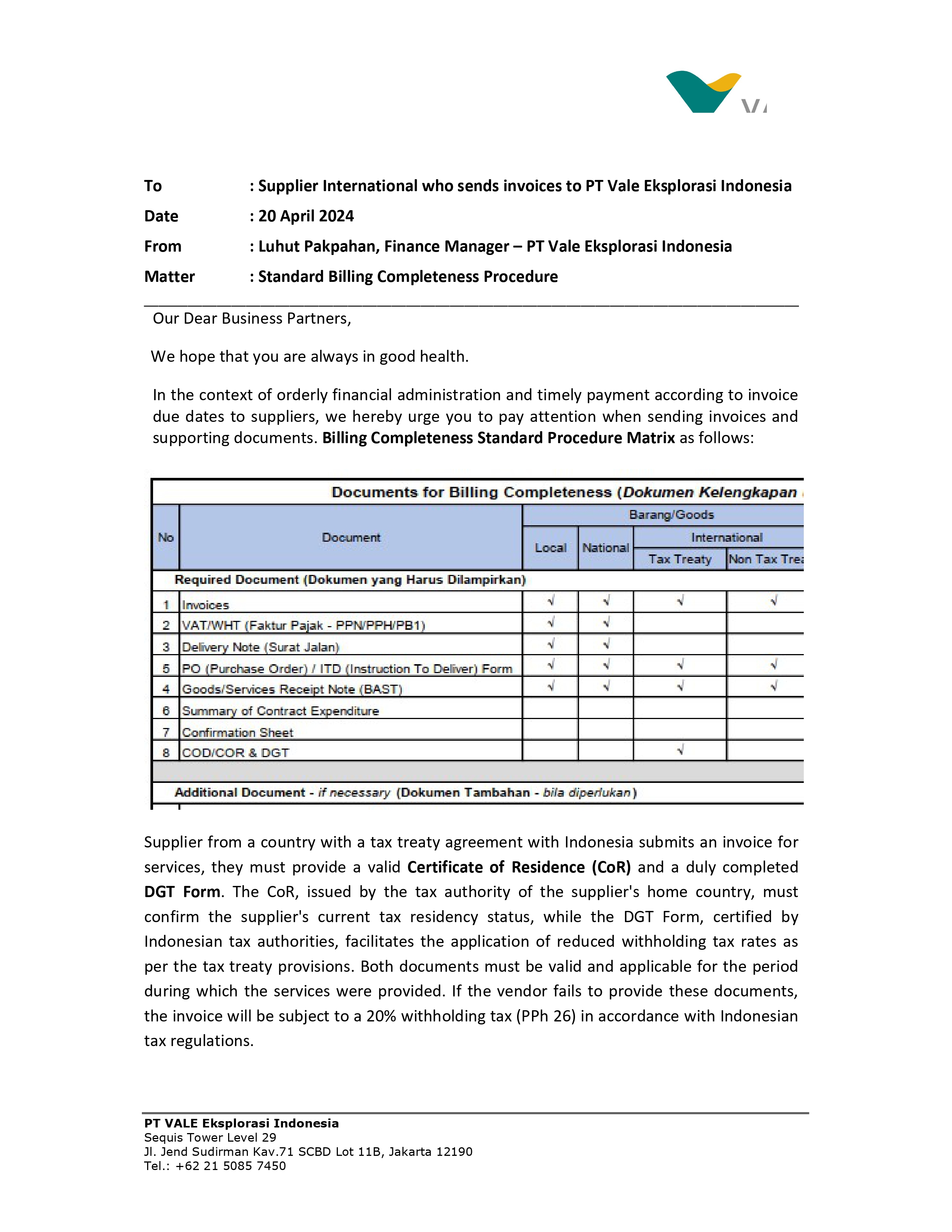 Standard Procedure for Billing Completeness – VEI (International Vendor).